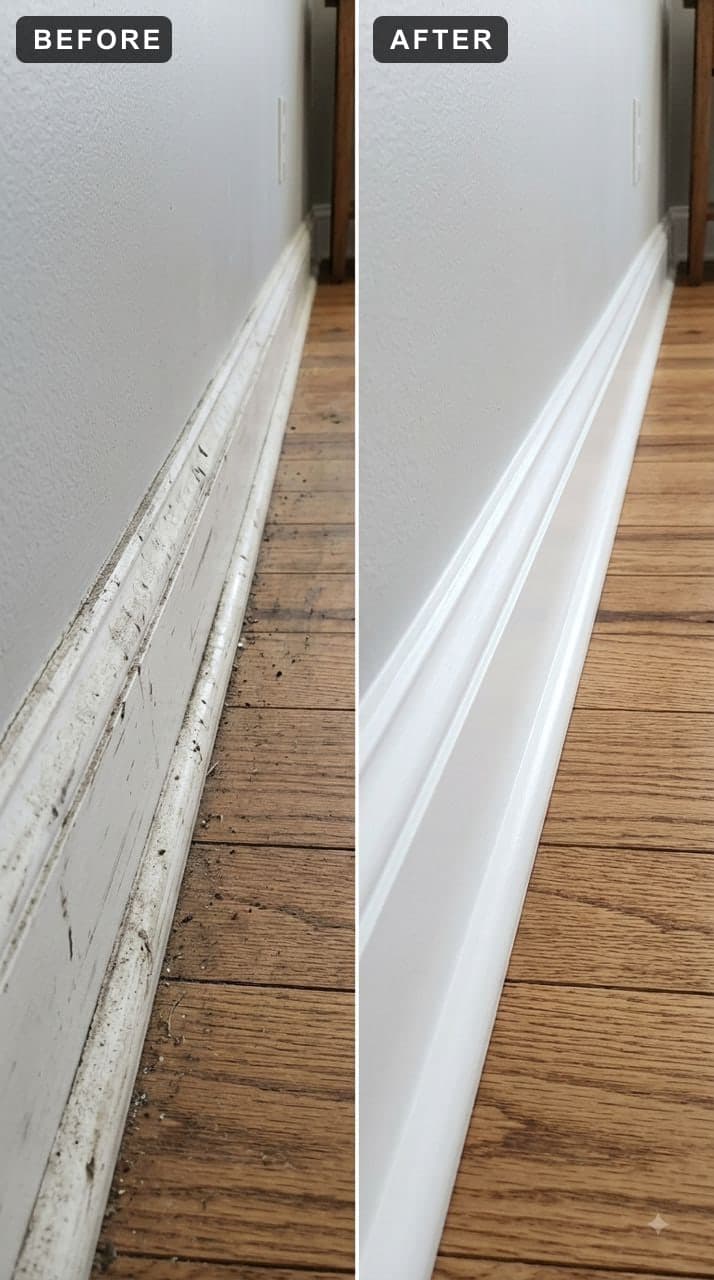 A dusty scuffed baseboard beside the same baseboard cleaned white