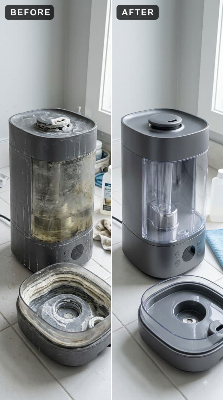 A humidifier tank and base coated in white mineral scale beside the same parts cleaned clear