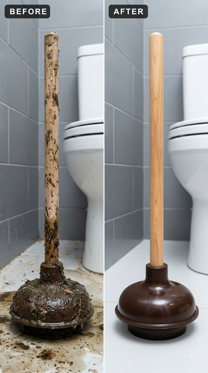 A plunger caked in dried waste beside the same plunger cleaned back to bare rubber and wood