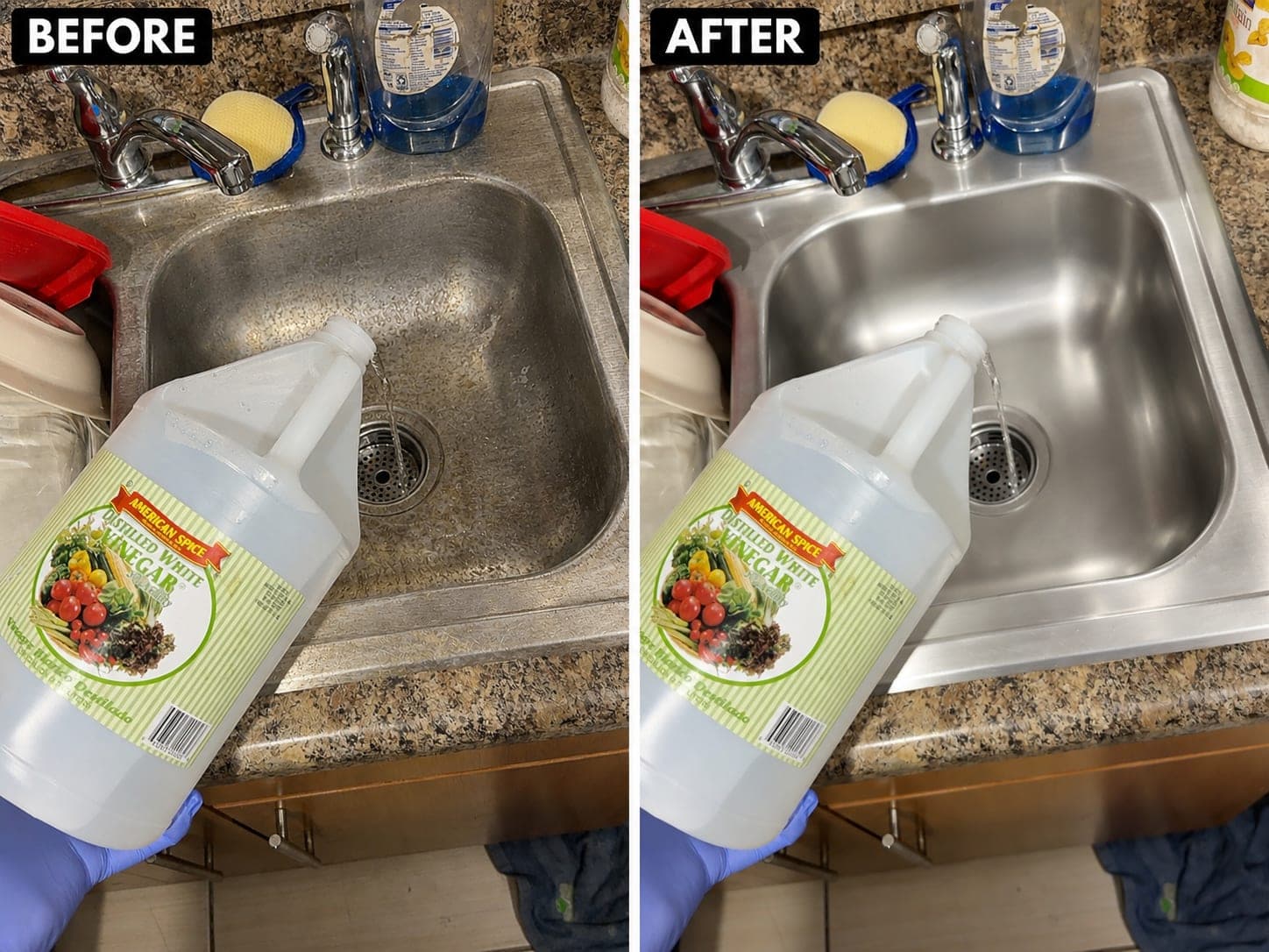 Side-by-side before and after of the same stainless steel kitchen sink with white vinegar being poured into the drain: the basin dull and clouded with a gray film on the left, bright and reflective on the right.