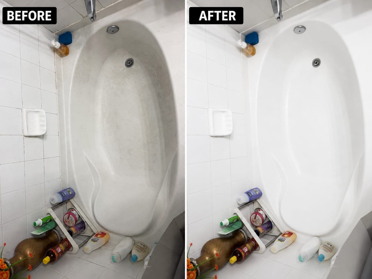 Side-by-side before and after of the same bathtub: a dull gray film across the base and sloping sides on the left, bright white on the right.