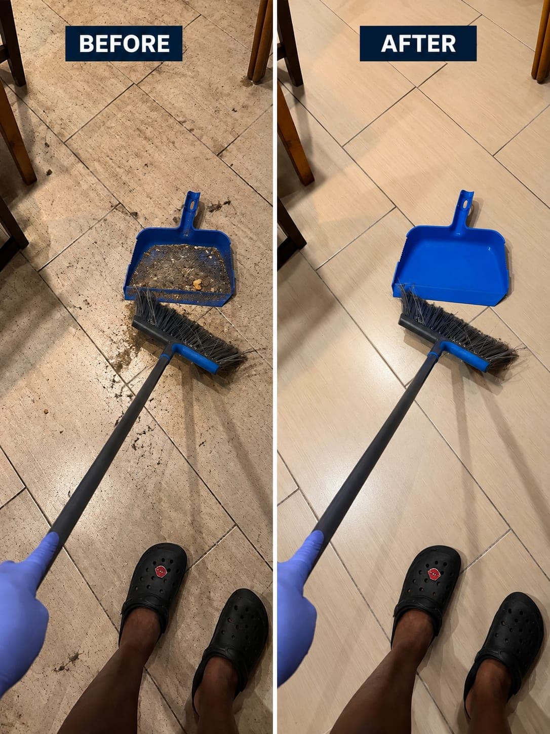 Side-by-side before and after of the same pale tile floor: scattered dark grit, crumbs and dust across the tiles and grout lines on the left, clean tile with a loaded dustpan on the right.