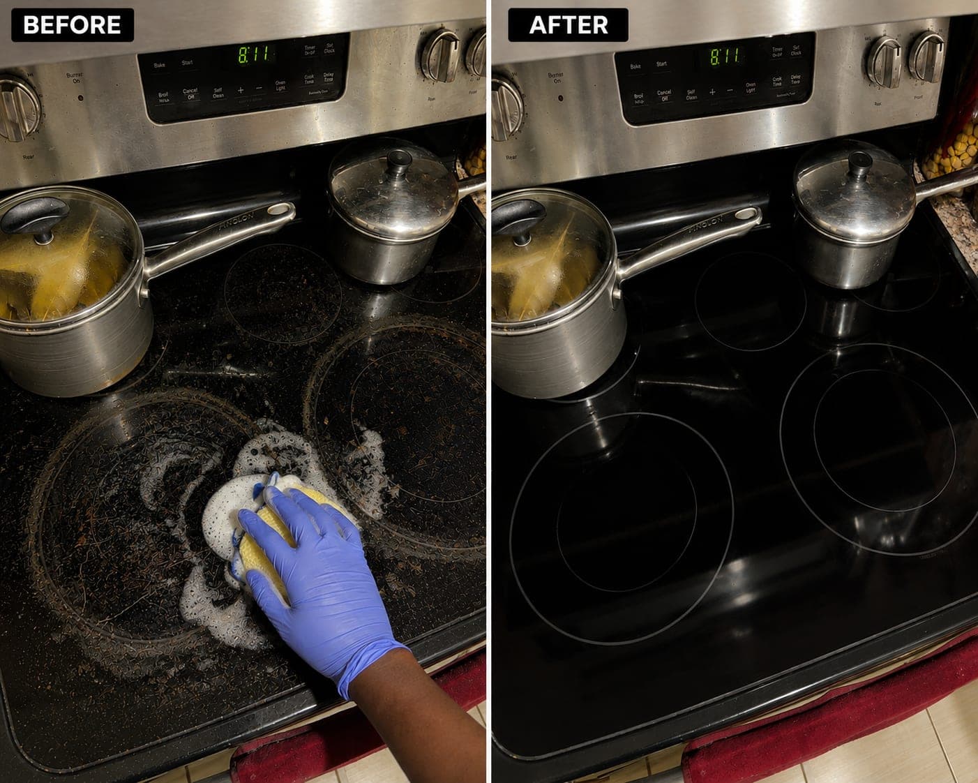 Side-by-side before and after of the same glass stovetop: burnt-on brown residue with a gloved hand working a soapy sponge over it on the left, clean black glass on the right.