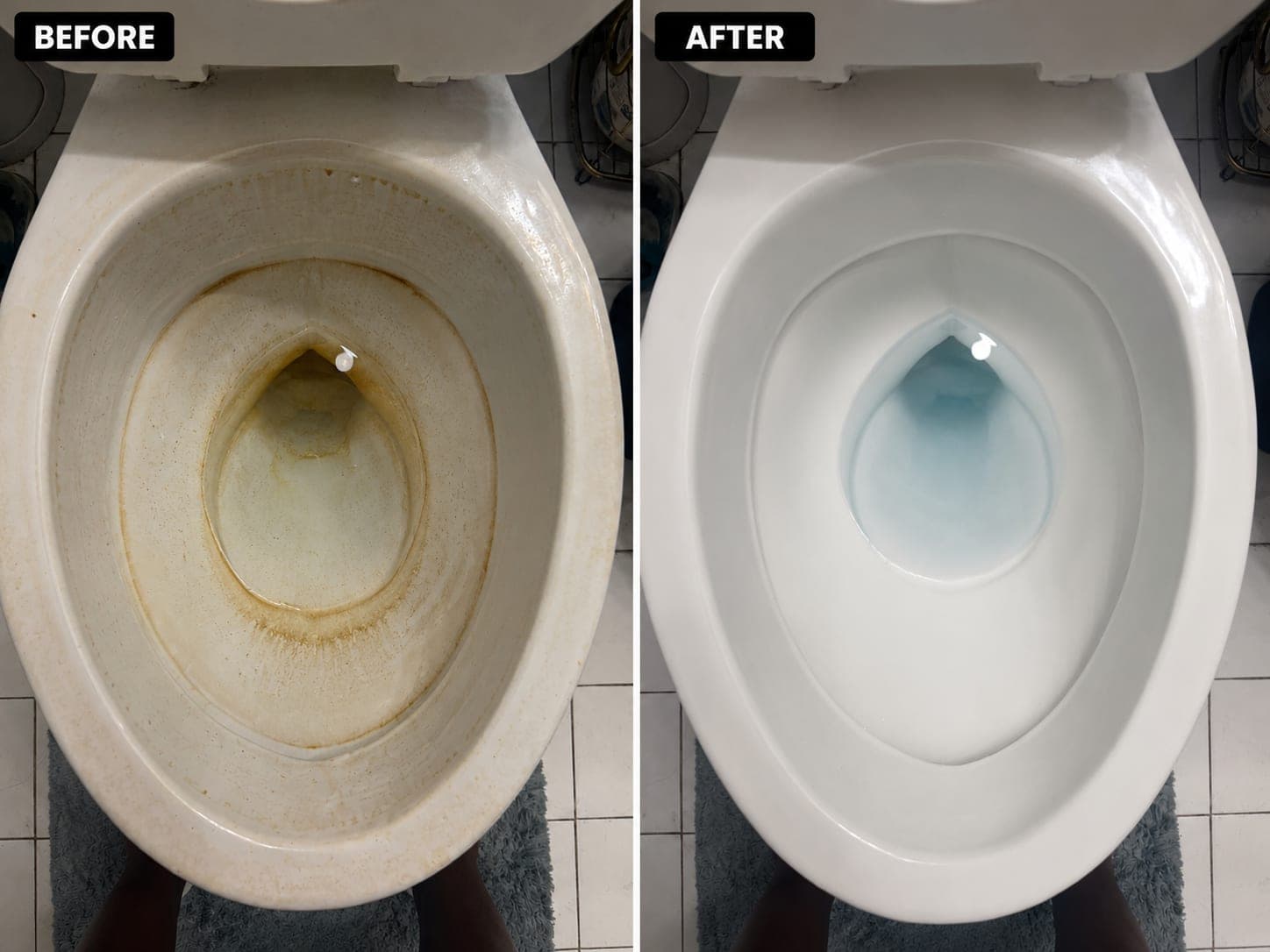Side-by-side before and after of the same toilet bowl: heavy orange-brown mineral staining ringing the waterline on the left, clean white porcelain and clear water on the right.
